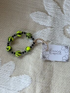 Neon Yellow & Black Beaded Stretch Bracelet